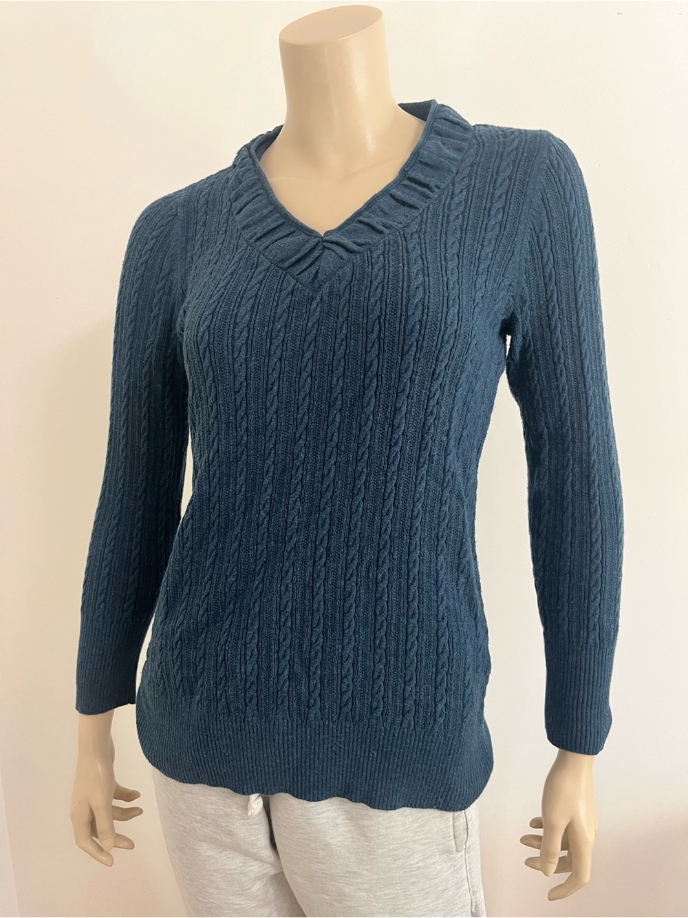 Eddie Bauer Teal Cable-Knit V-Neck Sweater